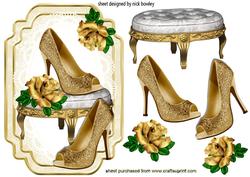 Gold Sparkle Shoes, with Roses on a Stool with Lace