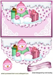 Snowman with Presents on Scalloped Envelope in Pink