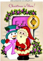 Santa and Happy Snowman with Pink Front Door A4