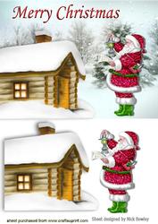 Santa in the Snow with Snow Covered Cottage