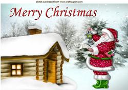 Santa in the Snow with Snow Covered Cottage A4
