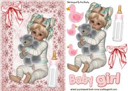 Cute Baby Girl Sitting with Her Cuddly Toy and Bottle