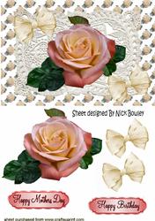 Pretty Shades of Peach Rose , on Ecru Vintage Lace with Bows