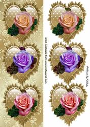 Gold Frilly Hearts With, Peach, Lilac, & Pink Roses Tall Dl