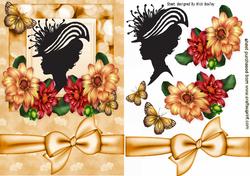 Vintage Silhouette Lady with Dahlias, Butterflies and Bow