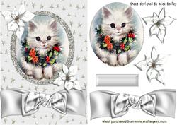 Little Kitten with Holly Wreath and Poinsettias