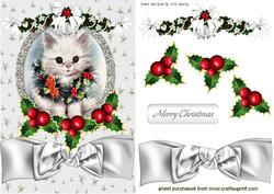 White Kitten with Holly and Berry Swag with Bow