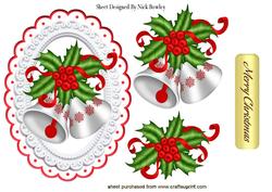 Silver Christmas Bells with Holly & Red Berries