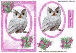 Snow Owl in Pink Glitter, with Pink Bow and Holly