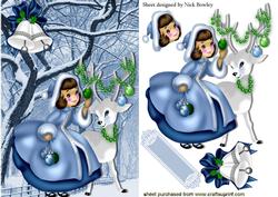 Little Lady Dressed in Blue with Little Deer, in Snow Scene