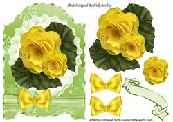 Pretty Yellow Begonias, on Lace with Bow in Ornate Frame