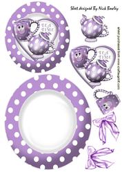 Purple Toony Face Teapot & Cup with Bows Rocker Card