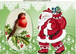Santa with Little Robin in Ornate Frame with Lace A4