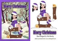 Pretty Girl in Purple Santa Suit, in Cottage Snowscene