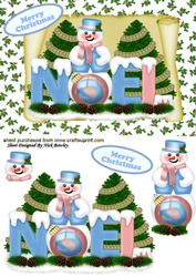 Lovely Noel Snowman in Blue, on a Scroll with Holly