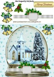 Beautiful Church in a Snowdome with Bells and Holly 8x8