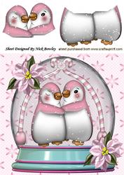 Cute Pink Penguins Cuddling in a Snow Dome with Poinsettias