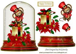 Little Mouse on a Present with Poinsettias in Glass Dome