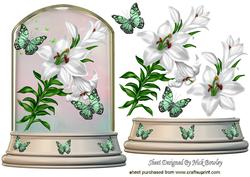 Beautiful White Lillies and Butterflies in Glass Dome