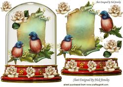 Pretty Birds on a Scroll in a Glass Dome with Flowers