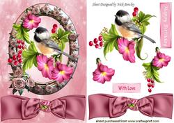 Pretty Bird in Rose Frame with Bow and Flowerss