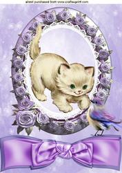 Little Vintage Kitten Playing & Little Bird in Rose Frame A4