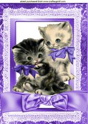 Vintage Kittens in Purple Lace Frame with Bow A4