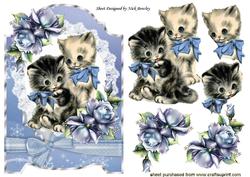 Vintage Kitties with Blue Roses on Lace with Bow