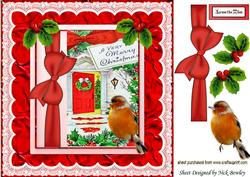 Lovely Christmas Scene with Robin and Red Bow 8x8