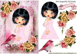 Pretty Lady in Her Pink Dress with Roses & Little Bird