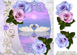 Reflection of Beauty, Pretty Swans with Flowers 8x8