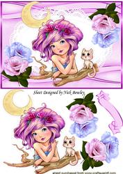 Sweet Little Moonchild with Her Kitty & Flowers