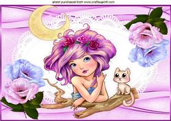 Sweet Little Moonchild with Her Kitty & Flowers A4