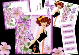 Pretty Flowers with Fashion Girl, Butterflies & Bow 8x8