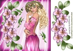 Pretty Vintage Flower Girl with Humming Bird 8x8