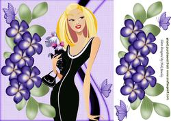 Elegant in Black with Her Pooch and Purple Flowers 8x8