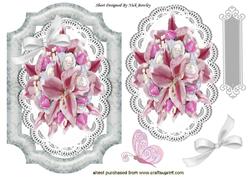 Roses and Pink Lillies on Lace with Bow & Butterfly