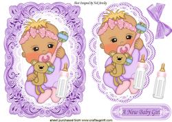 Baby Girl with Her Bottle on Card, Lace & Topper
