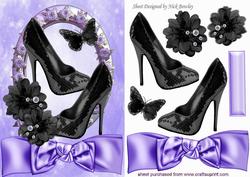Black Sequin Shoes with Flower in Purple Rose Frame with Bow