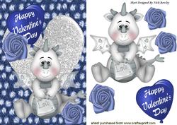 Little Silver Dragon on Blue Fur with Heart and Roses