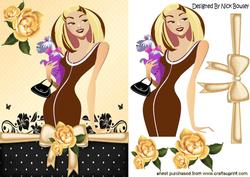 Pretty Lady with Pooch with Bow and Peach Roses