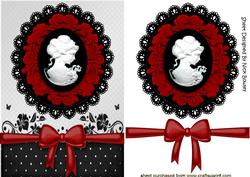 Red Cameo of Pretty Lady on Black Lace & Bow