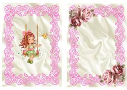 Little Girl on Her Swing with Bow and Pink Roses A5 Insert