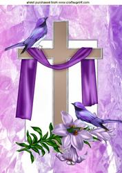 Cross with Lilac Drape, Lilac Lillies, and Pretty Birds A4