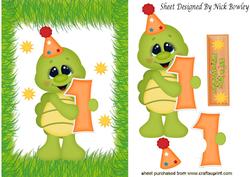 First Birthday, Little Green Turtle in Party Hat