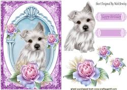 Gorgeous Little Westie with Pink Roses in Frame