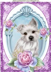 Gorgeous Little Westie with Pink Roses in Frame A4