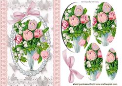 Pretty Vintage Vase of Tulips and Gypsophila, Oval Pyramids