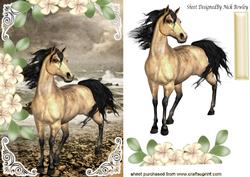 Beautiful Horse by the Edge of the Sea Shore with Flowers