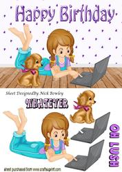 Little Girl with Her Laptop and Little Puppy